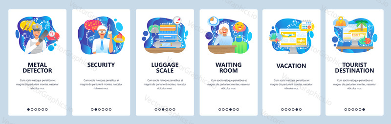Planning travel and tropical beach vacation, security control, luggage scale. Mobile app onboarding screens. Menu vector banner template for website and mobile development. Web site design flat illustration