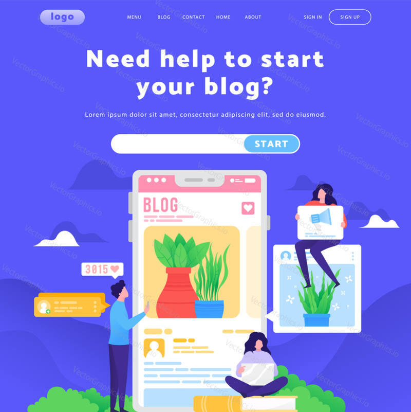Vector web site design template. Write a blog, digital and social media marketing, followers and likes. Landing page concepts for website mobile development. Modern flat illustration.