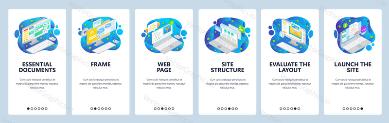 Web development, site wireframe, email and computer documents. Mobile app onboarding screens. Menu vector banner template for website and mobile development. Web site design flat illustration