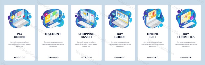 Mobile app onboarding screens. Online shopping isometric icons, buy and pay online, discount, gifts, store basket. Menu vector banner template for website and mobile development. Web site design flat illustration.