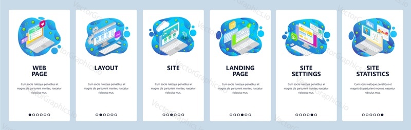 Mobile app onboarding screens. Landing page and wireframe layout, statistics chart, isometric laptop. Menu vector banner template for website and mobile development. Web site design flat illustration.
