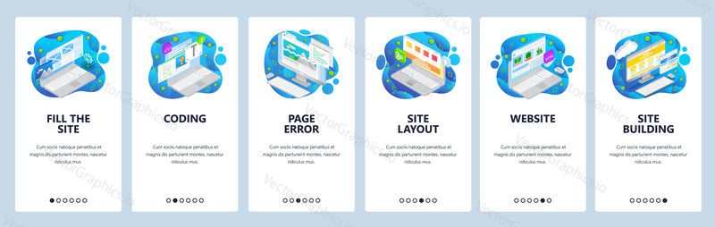 Website wireframe and development, coding, icometric icons. Mobile app onboarding screens. Menu vector banner template for mobile development. Web site design flat illustration.