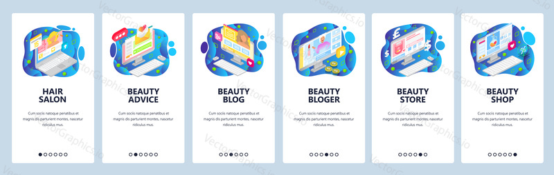 Mobile app onboarding screens. Beauty blog and cosmetic online store, haircut salon. Menu vector banner template for website and mobile development. Web site design flat illustration.