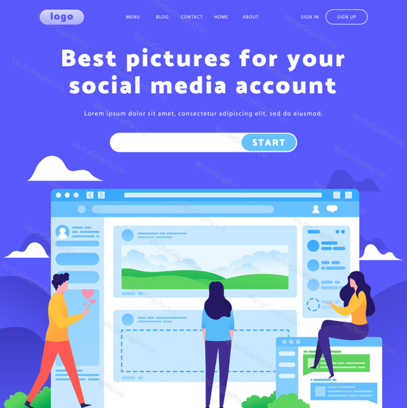 Vector web site design template. Social media account and posts feed. Landing page concepts for website mobile development. Modern flat illustration.