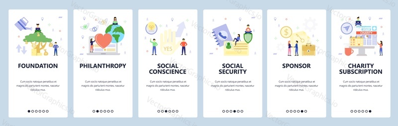 Mobile app onboarding screens. Charity foundation, money tree, business deal, social security. Menu vector banner template for website and mobile development. Web site design flat illustration.
