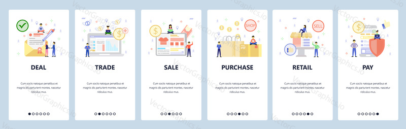 Business icons, signed deal, sale, shopping bags, retail shop, secure mobile payment. App onboarding screens. Menu vector banner template for website and mobile development. Web site design flat illustration.