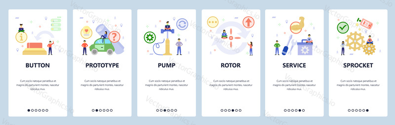 Mobile app onboarding screens. Service and repair icons, fix tools, pump, rotor. Menu vector banner template for website and mobile development. Web site design flat illustration.