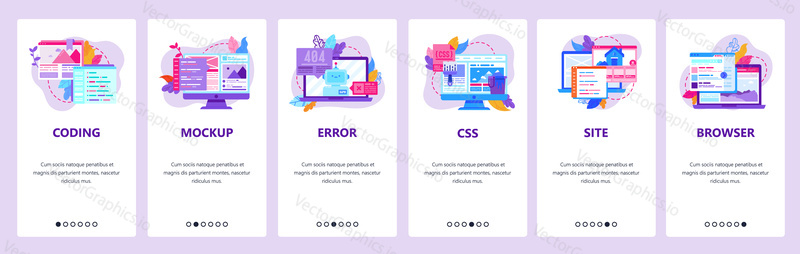 Web development and coding mobile phone app icons. 404 error, css and html code, computer technology. Onboarding screens. Vector template for website mobile development. Web site design illustration.
