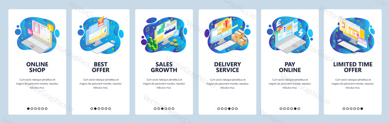 Mobile app onboarding screens. Online shopping and payment, sale, best offer, delivery, business charts. Menu vector banner template for website and mobile development. Web site design flat illustration.