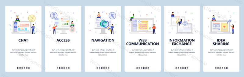 Online chat and web support, secure access, communication and shate information. Mobile app onboarding screens. Menu vector banner template for website and mobile development. Web site design flat illustration.