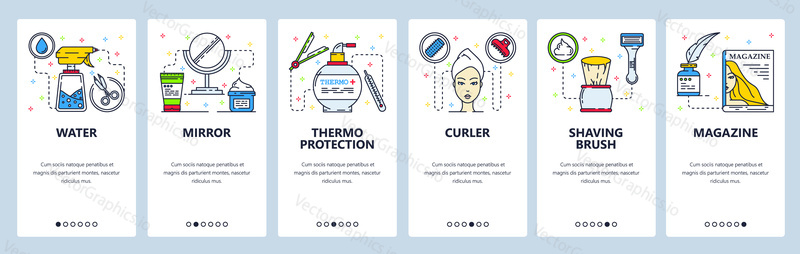 Hair and beauty salon. Woman makeup, cosmetic and hairstyle accessories. Mobile app onboarding screens. Menu vector banner template for website and mobile development. Web site design illustration.