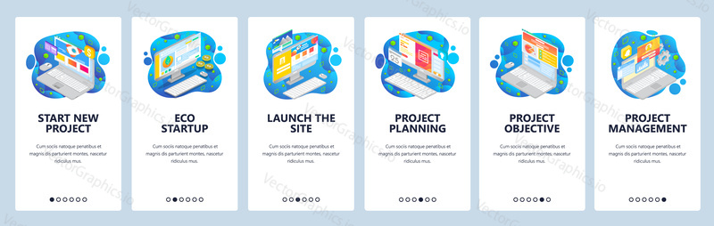 Launch new business online, project management, eco startup. Mobile app onboarding screens. Menu vector banner template for website and mobile development. Web site design flat illustration.