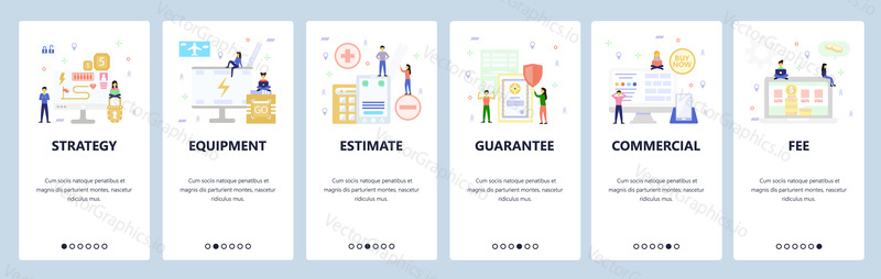 Mobile app onboarding screens. Business strategy, computer equipment, online commercial, fee. Menu vector banner template for website and mobile development. Web site design flat illustration.