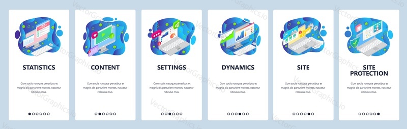 Mobile app onboarding screens. Business analytics and finance charts, video content, laptop, statistics. Menu vector banner template for website and mobile development. Web site design flat illustration.