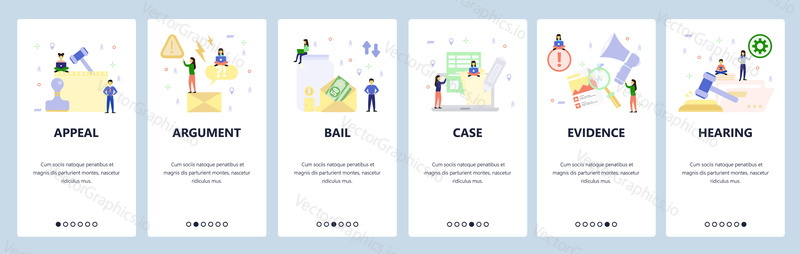 Mobile app onboarding screens. Court appeal, money bail, legal case, evidence, hearing, lawyer. Menu vector banner template for website and mobile development. Web site design flat illustration.