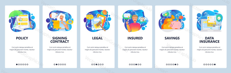 Signing insurance contract, house protection, data security. Mobile app onboarding screens. Menu vector banner template for website and mobile development. Web site design flat illustration.