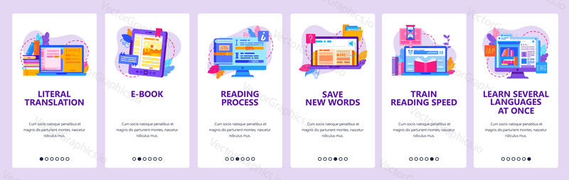 Digital electronic book library. Study language online. Read e-book, education technology. Mobile app screens. Vector banner template for website and mobile development. Web site design illustration.