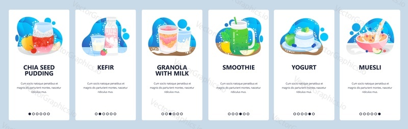 Healthy breakfast meal. Organic healthy food icons set. Kefir, yogurt, granola milk, muesli. Mobile app screens. Vector banner template for website mobile development. Web site design illustration.
