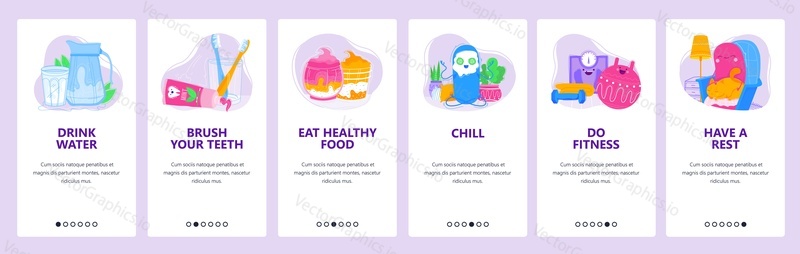 Healthy lifestyle concept. Take a rest, fresh food, sport and fitness training, body care. Mobile app screens. Vector banner template for website and mobile development. Web site design illustration.