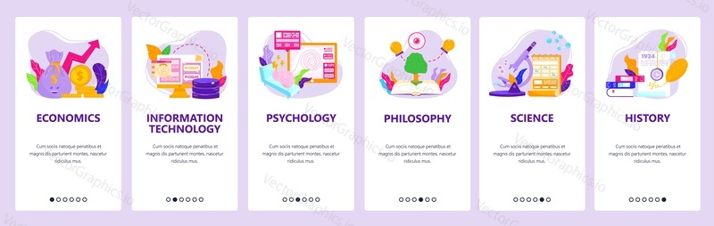 Study economics, IT, psychology, philosophy, history. Science and knowledge. Mobile app screens. Vector banner template for website and mobile development. Web site design illustration.