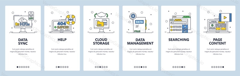 Data sync, cloud storage, page content, 404 error page not found. Data management. Mobile app screens. Vector banner template for website and mobile development. Web site design illustration.