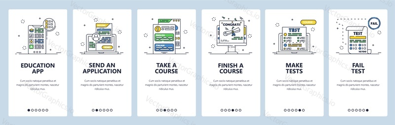 Online courses and tests, e-learning, distance education, online school. Mobile app onboarding screens. Vector banner template for website and mobile development. Web site design illustration.