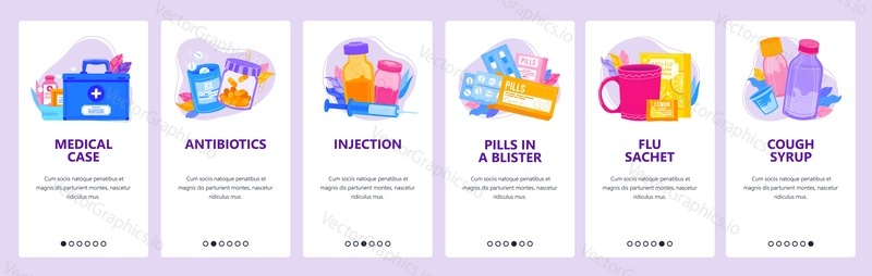 Medical and pharmacy icon set. First aid case, drugs, antibiotics, pills, syrup bottle. Mobile app screens. Vector banner template for website and mobile development. Web site design illustration.
