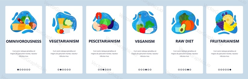 Different types of diet. Vegetarian, vegan, fruitarian, pescetarian. Food nutrition. Mobile app screens. Vector banner template for website and mobile development. Web site design illustration.