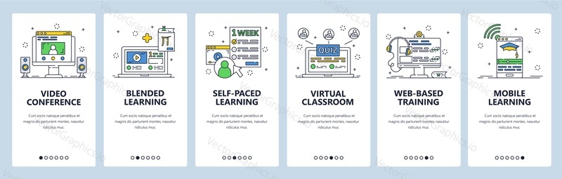 Online education, video conference and distant learning. Online virtual class. Mobile app screens. Vector banner template for website and mobile development. Web site design illustration.