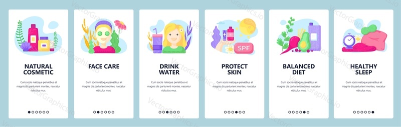 Healthy lifestyle, natural organic cosmetics, face and body care, diet, healthy sleep. Mobile app screens. Vector banner template for website and mobile development. Web site design illustration.