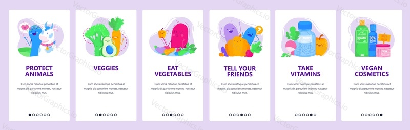 Fresh organic vegetables, vegan food. Healthy lifestyle concept. Organic cosmetics. Mobile app screens. Vector banner template for website and mobile development. Web site design illustration.