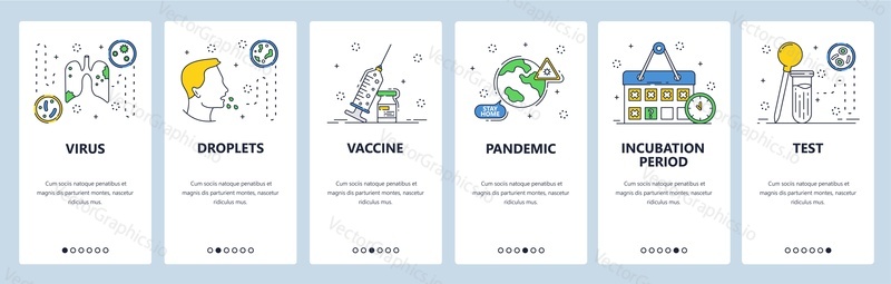 Corona virus world pandemic, coronavirus vaccine, lung pheumonia, cough. Mobile app screens. Vector banner template for website and mobile development. Web site design illustration