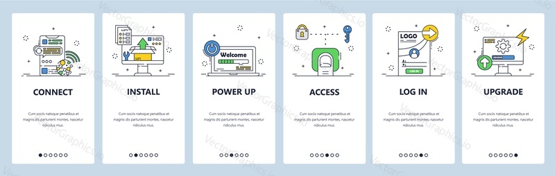 Wireless internet connection, file access and upgrade. Mobile app onboarding screens. Vector banner template for website and mobile development. Web site design illustration.