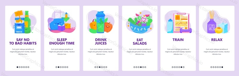 Healthy lifestyle concept. Good sleep, fresh food, sport and fitness training, rest time. Mobile app screens. Vector banner template for website and mobile development. Web site design illustration.