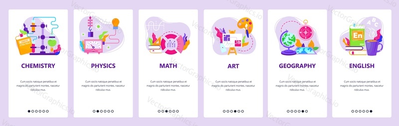 Study school education subjects chemistry, physics, math, art, geography, english. Mobile app screens. Vector banner template for website and mobile development. Web site design illustration.