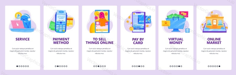Online shopping concept icon set. Support by phone, pos terminal, pay by credit card. Mobile app screens. Vector banner template for website and mobile development. Web site design illustration.