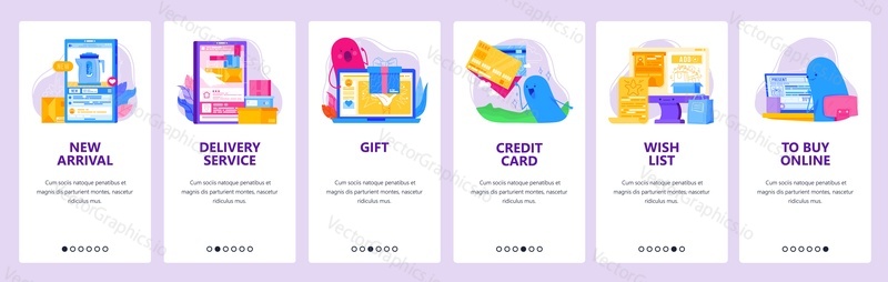 Online shopping concept icon set. Delivery, order online, pay by credit card, wish list. Mobile app screens. Vector banner template for website and mobile development. Web site design illustration.