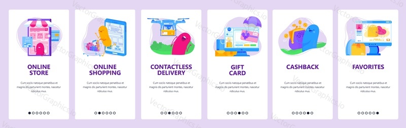 Online shopping and ecommerce technology. Online store concept icons set. Mobile app screens. Vector banner template for website and mobile development. Web site design illustration. Drone delivery.