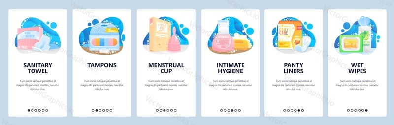 Feminine hygiene icons set. Sanitary napkin, tampon, menstrual cup, wet wipes, cream. Mobile app screens. Vector banner template for website and mobile development. Web site design illustration.
