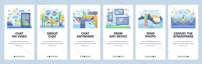 Communication technology, video conference call, chat messages. Stay connected from anywhere. Mobile app screens. Vector banner template for website and mobile. Web site design illustration.