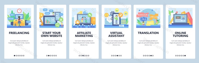 Business, affiliate marketing, virtual assistant, video call, online education. Mobile app screens. Vector banner template for website and mobile development. Web site design illustration.