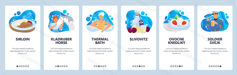 Czech culture and cuisine website and mobile app onboarding screens. Menu banner vector template for web site and application development. Kladruber czech horse breed, thermal baths, literature.