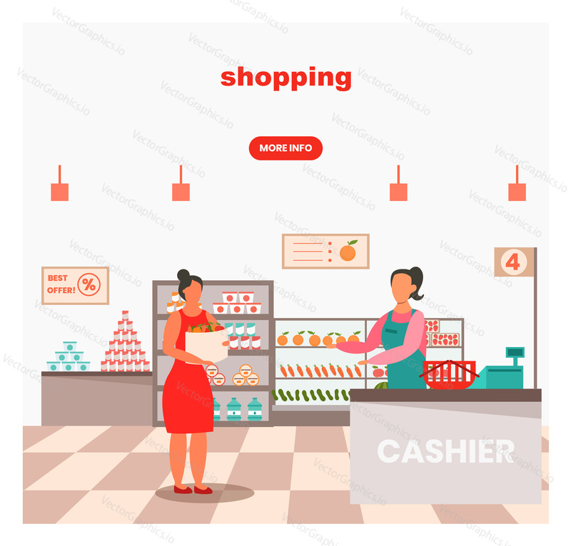 Shopping vector web banner template. Supermarket or food store interior, cashier, woman shopper with bag full of vegetables, retro flat style design illustration. Grocery shopping.