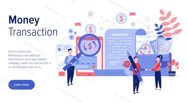 Money transaction web banner template, vector flat style design illustration. Mobile payment, online money transfer concept with micro characters, huge smartphone, wallet.