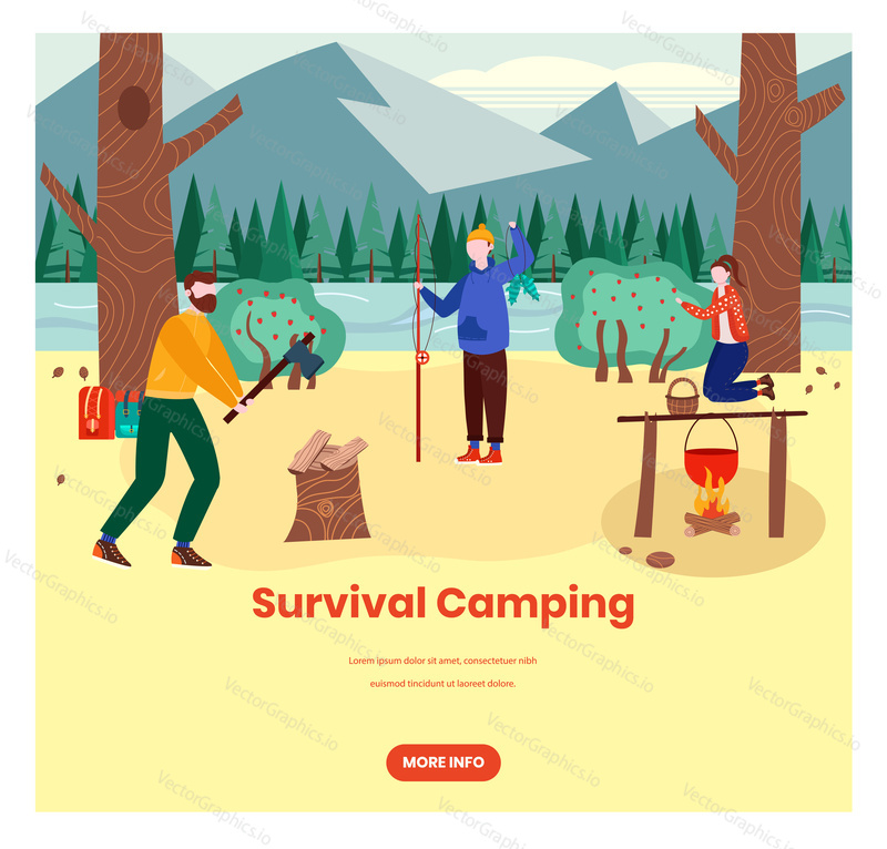 Survival camping vector web banner template. Male and female characters chopping wood, picking up berries, fishing, cooking food over fire, retro flat illustration. Survival in the woods, mountains.