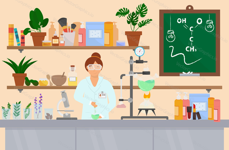 Woman in lab coat and glasses working in organic laboratory, vector flat style design illustration. Organic chemistry lab, plant breeding and agricultural genetics concept for poster, banner etc.