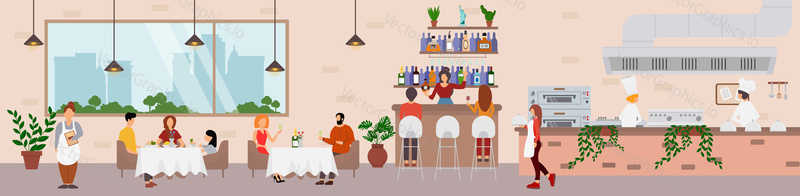 Restaurant scene set, vector flat style design illustration. Chefs cooking in kitchen, waitress serving visitors, people at bar counter. Restaurant catering food service concept for poster banner etc.