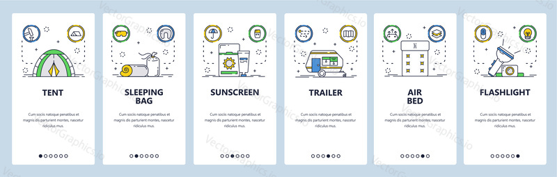 Camping gear web site and mobile app onboarding screens. Menu banner vector template for website and application development. Tent, sleeping bag, air bed other camping supplies. Thin line art style.