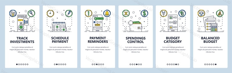 Payment web site and mobile app onboarding screens. Menu banner vector template for website and application development. Payment schedule, reminder and spendings control. Thin line art flat style.