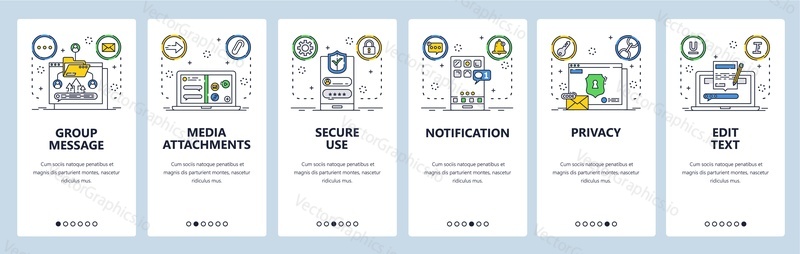 Website and mobile app onboarding screens. Menu banner vector template for web site and application development. Media attachments, secure group text messaging phone app. Thin line art flat style.